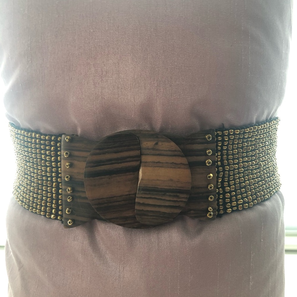 Bronze Metallic Beaded Stretch Belt With Wood Buckle